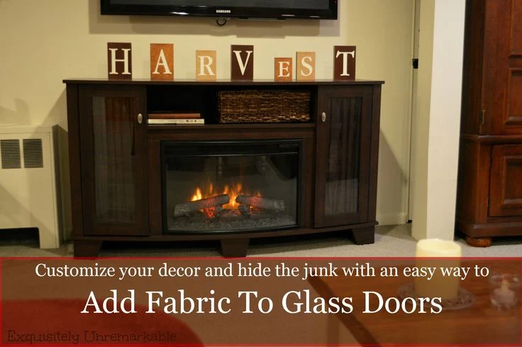 Adding Fabric To Glass Furniture Doors text over picture of fabric covered door cabinet