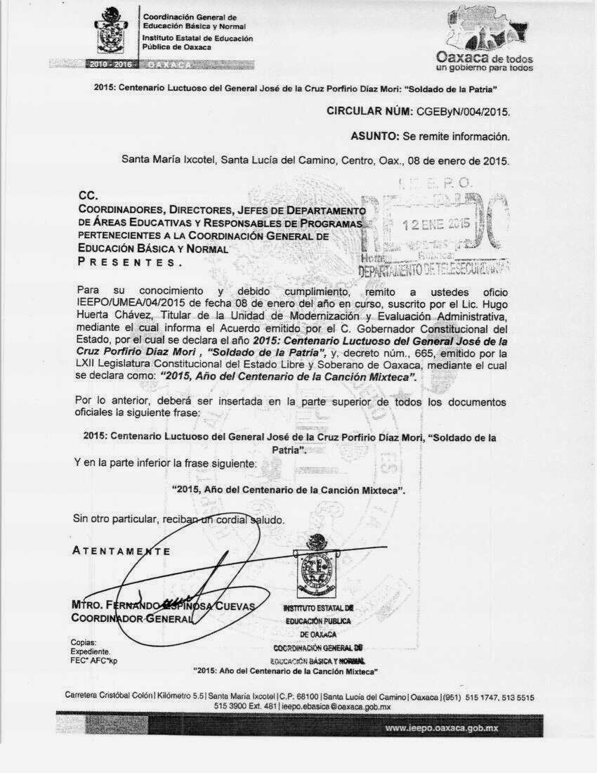 TeleSecundarias Oaxaca CIRCULAR DTS.2015/01 LEYENDA DE OFICIOS