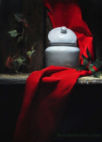 oil painting on wood panel with red cloth, white porcelain, and greenery