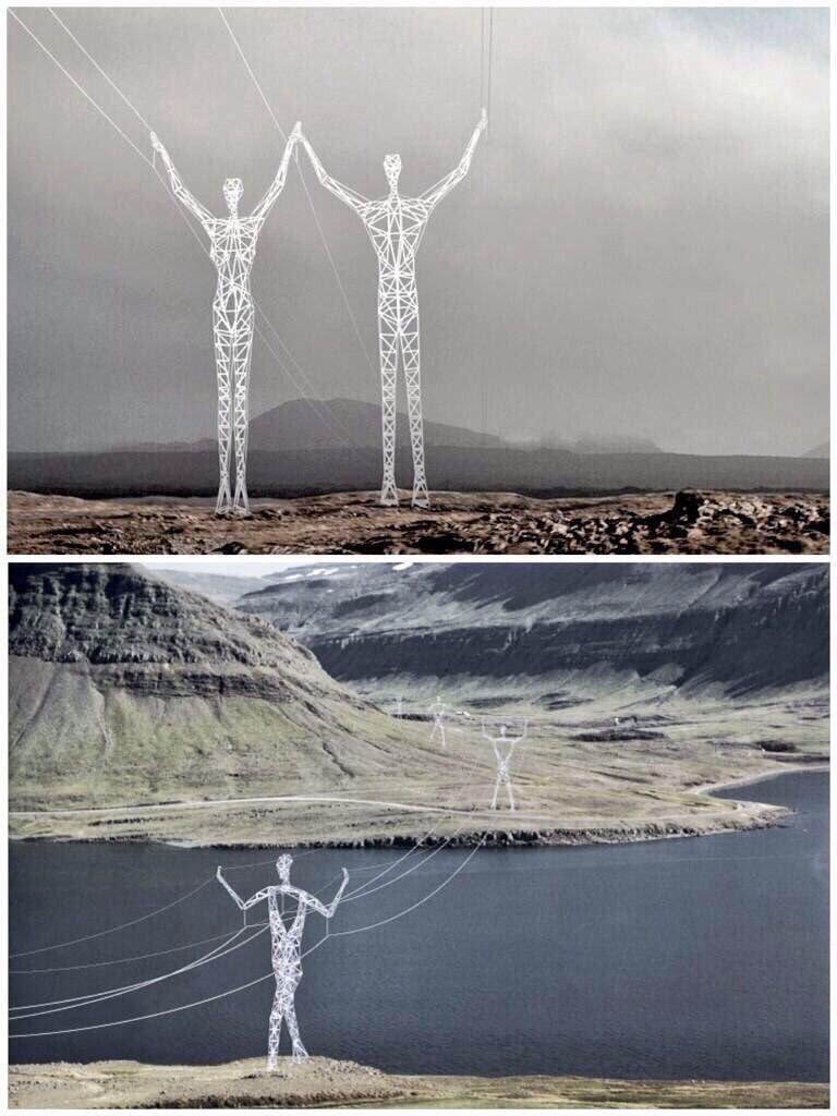 Красивые опоры. Электрические опоры в Исландии. Линии электропередач в Исландии. Опоры ЛЭП В виде людей. Высоковольтные столбы.