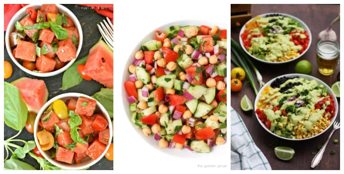 three picnic salads in jewel colours with lots of red and yellow