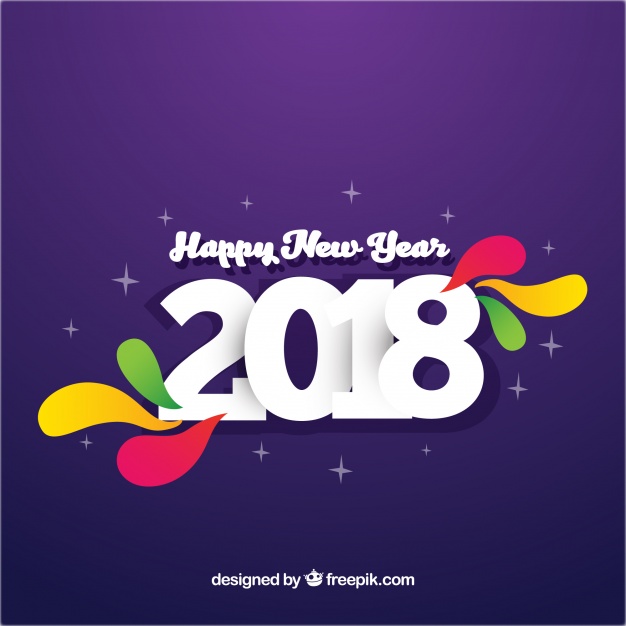 Simple purple new year 2018 background with colourful elements Free Vector