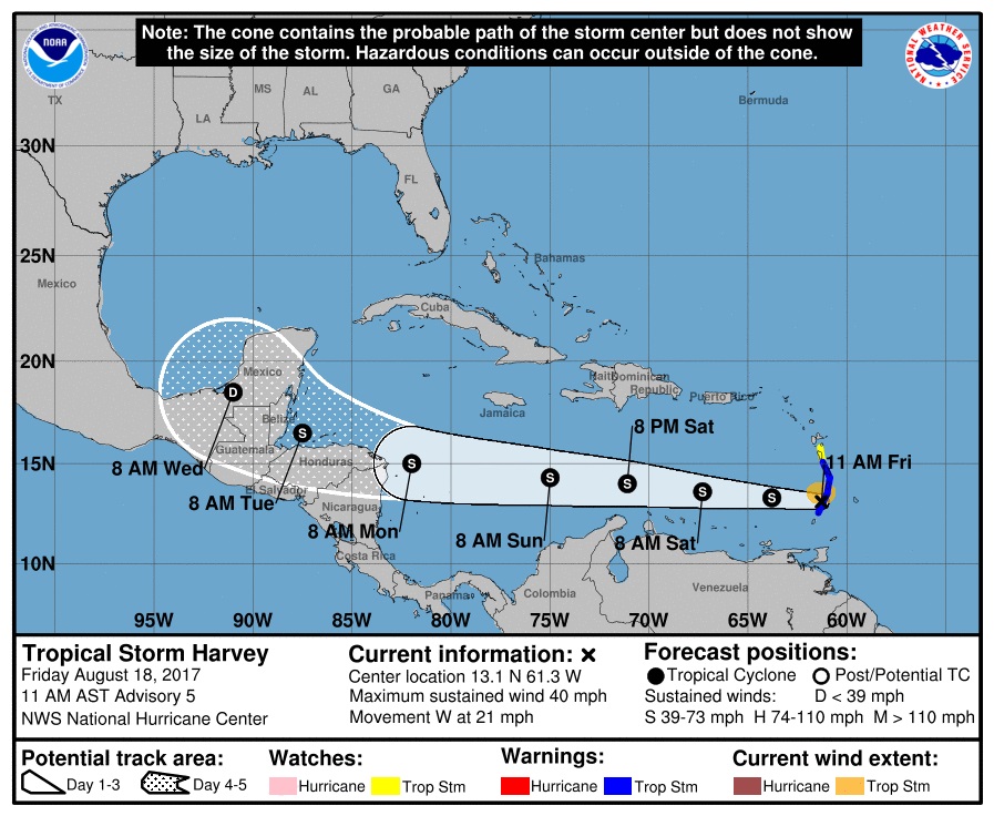National Hurricane Center Tropical Storm Harvey Projected Path Update