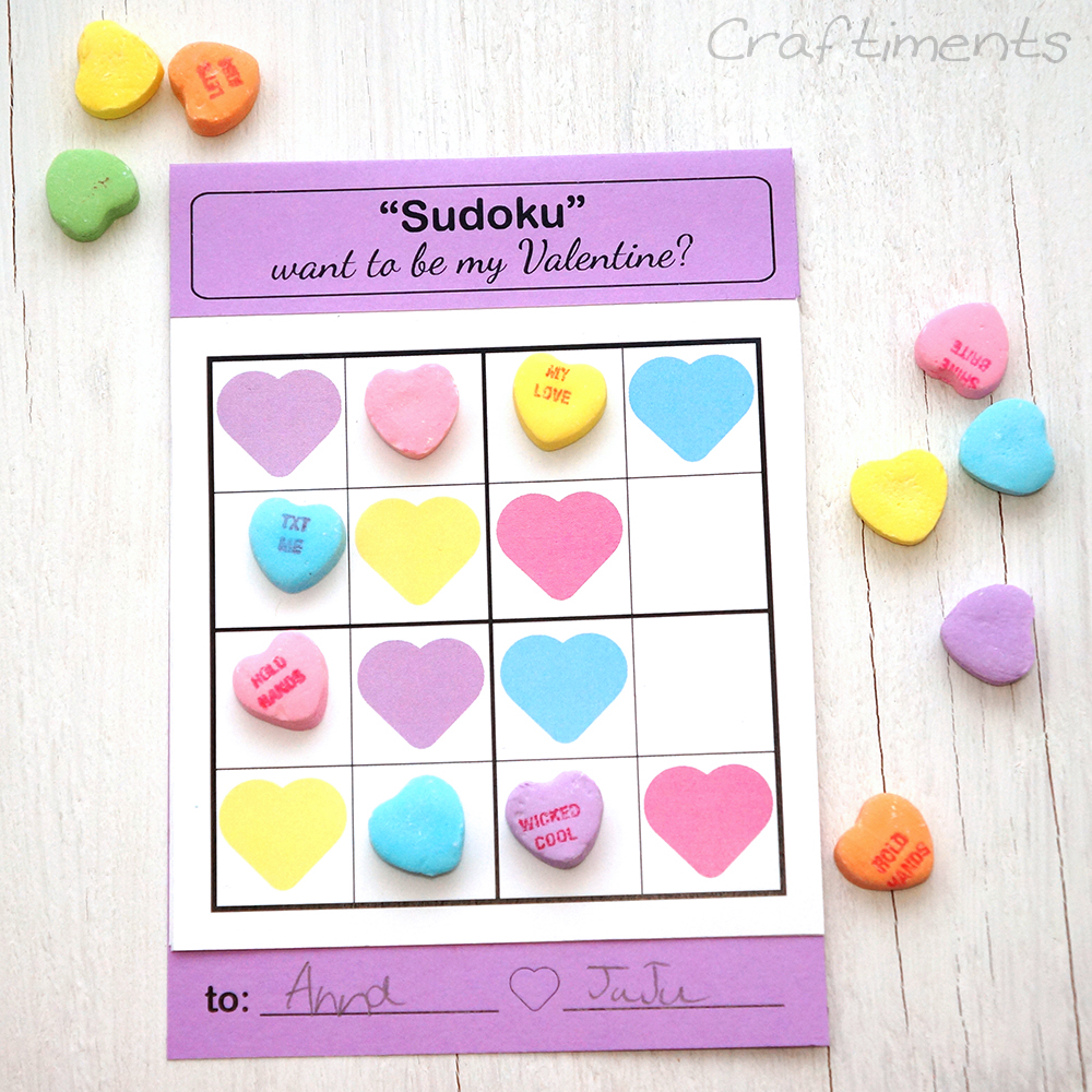 Free kids Sudoku valentine solved with conversation hearts