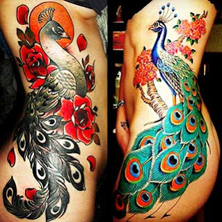Tatuagens de pavão da coxa até a costela
