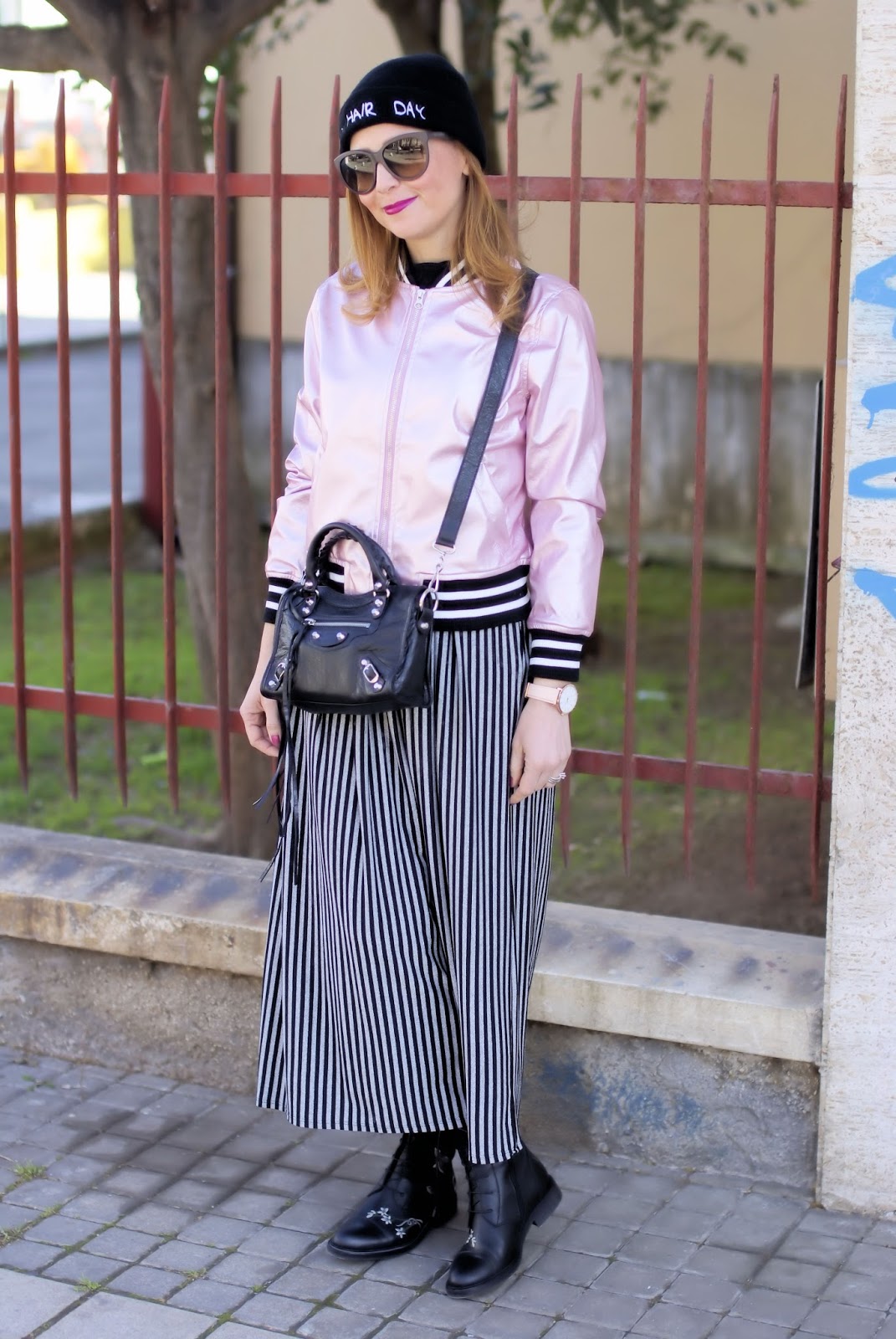 Striped maxi dress and Sammydress metallic pink bomber jacket on Fashion and Cookies fashion blog, fashion blogger style