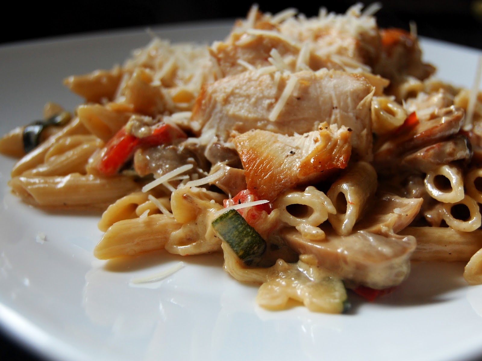 Cassie Craves Chicken and Vegetable Pasta with Roasted Garlic Cream Sauce