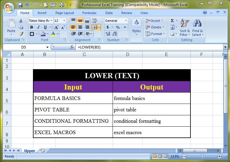 Microsoft Excel LOWER Function Professional Microsoft Office