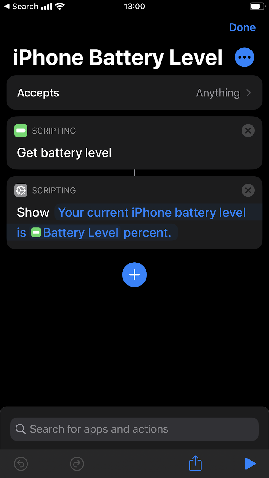 Screenshot di Shortcuts e iPhone battery level