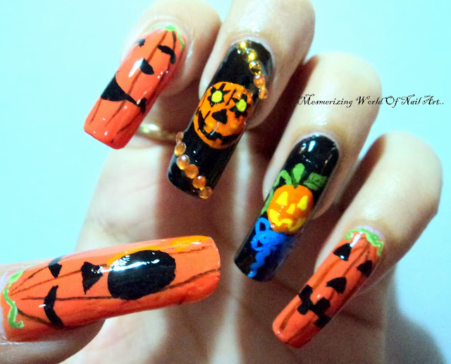 Halloween pumpkin nail art