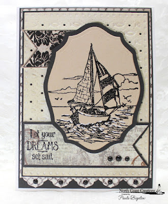 North Coast Creations Stamp sets: Sail Away, Our Daily Bread Designs Custom Dies: Pennants, Faithful Fish Pattern, Antique Labels and Border, ODBD Stamp sets: Lattice Background