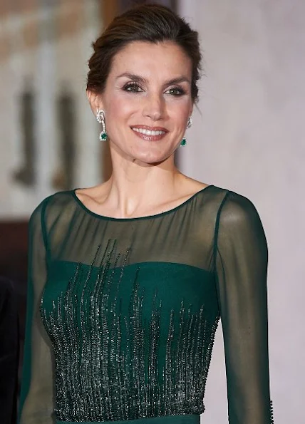 Queen Letizia wears Elie Saab dress - Haute Couture Fall Winter 2013 2014 Collection, Magrit pumps, emerald earring