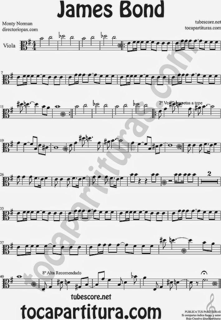  James Bond Partitura Viola Sheet Music for Viola Music Score  ¡Atención es tocapartituras.com con "s"! (error en la partitura)