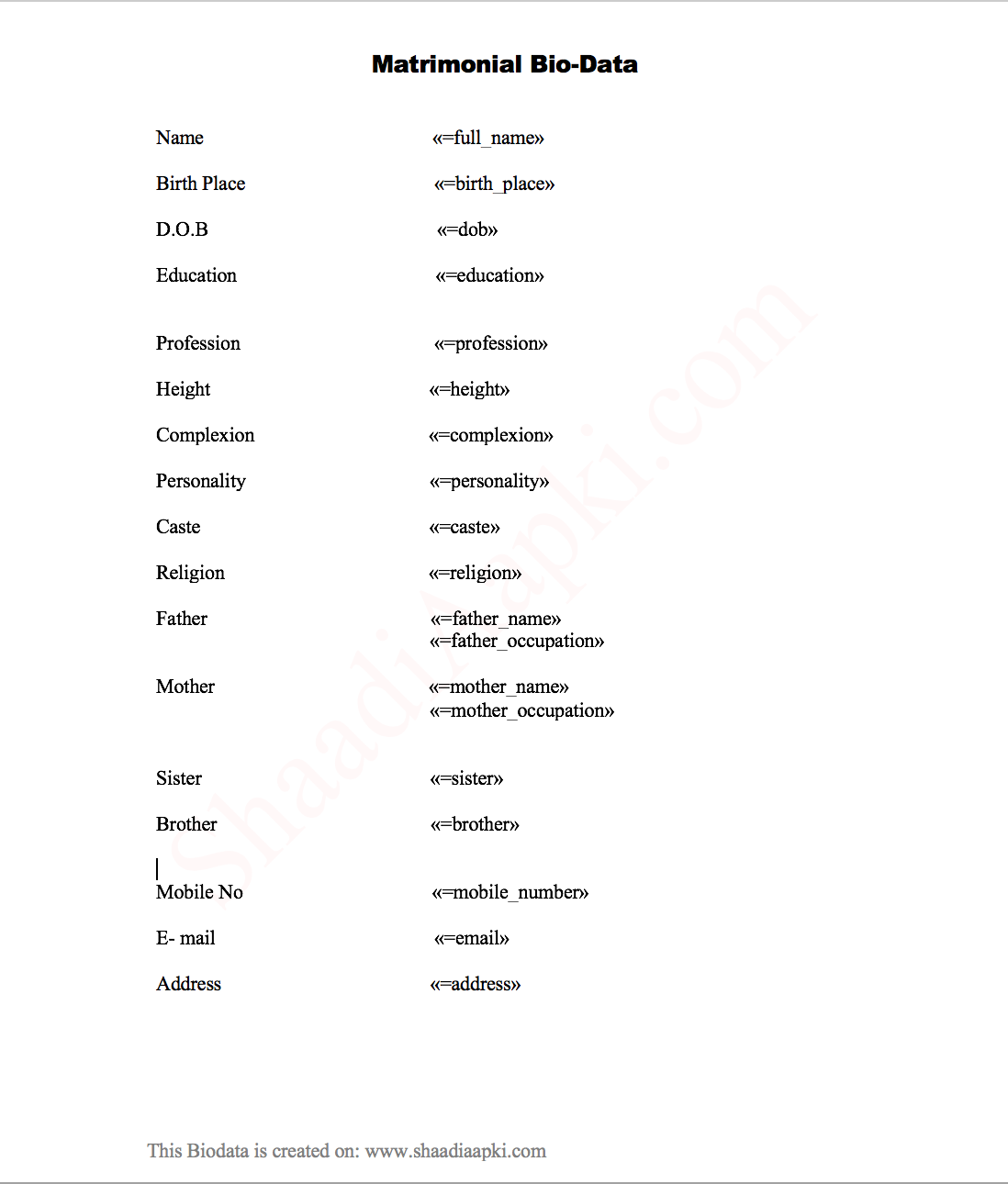 Biodata Format for Marriage Premium Templates