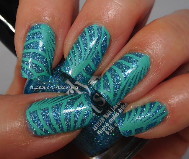UberChic Beauty 26-02 over Girly Bits Cosmetics Le Freak, stamped Girly Bits Cosmetics Ker-minty Frog Here