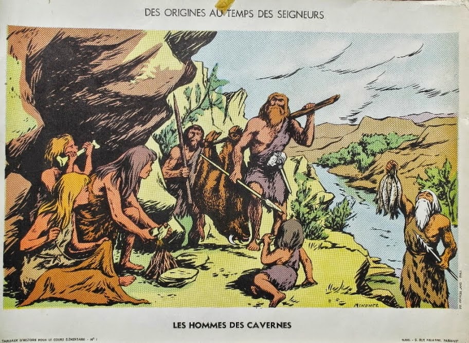 Manuels anciens Affiche histoire "Les hommes des cavernes"
