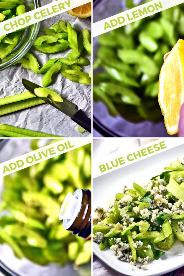 How to make this simple celery salad with Gorgonzola cheese collage of chopping celery, squeezing lemon, adding olive oil, and topping with blue cheese