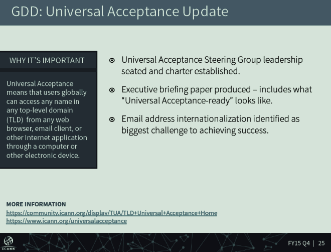 Universal Acceptance screenshot from ICANN Quarterly Stakeholder Call August 20, 2015