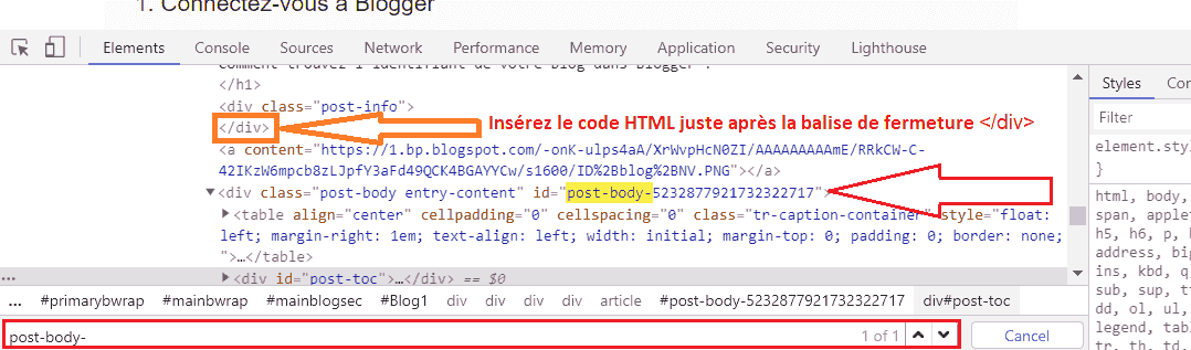 Inspecteur Chrome ajouter le code HTML plugin temps de lecture Blogger
