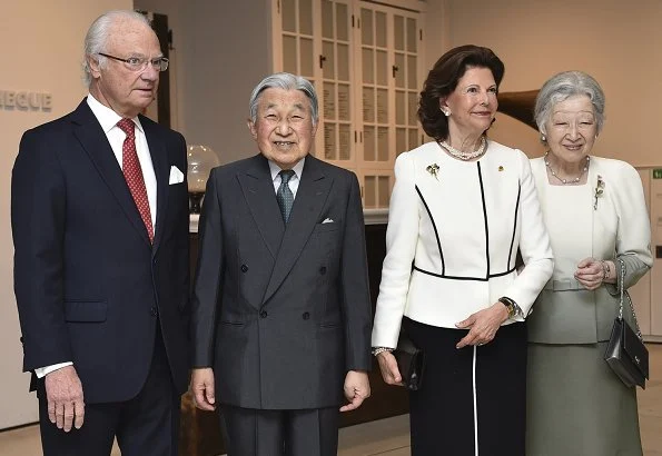 King Carl Gustaf, Queen Silvia of Sweden, Japan's Emperor Akihito and Empress Michiko visited Art of Natural Science exhibition at JP Tower Museum