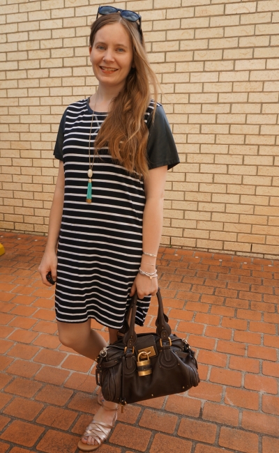 Click for outfit details! // White button-down shirt, black and white polka  dot midi-skirt, wrap-around ankle strap open-toed sandals…