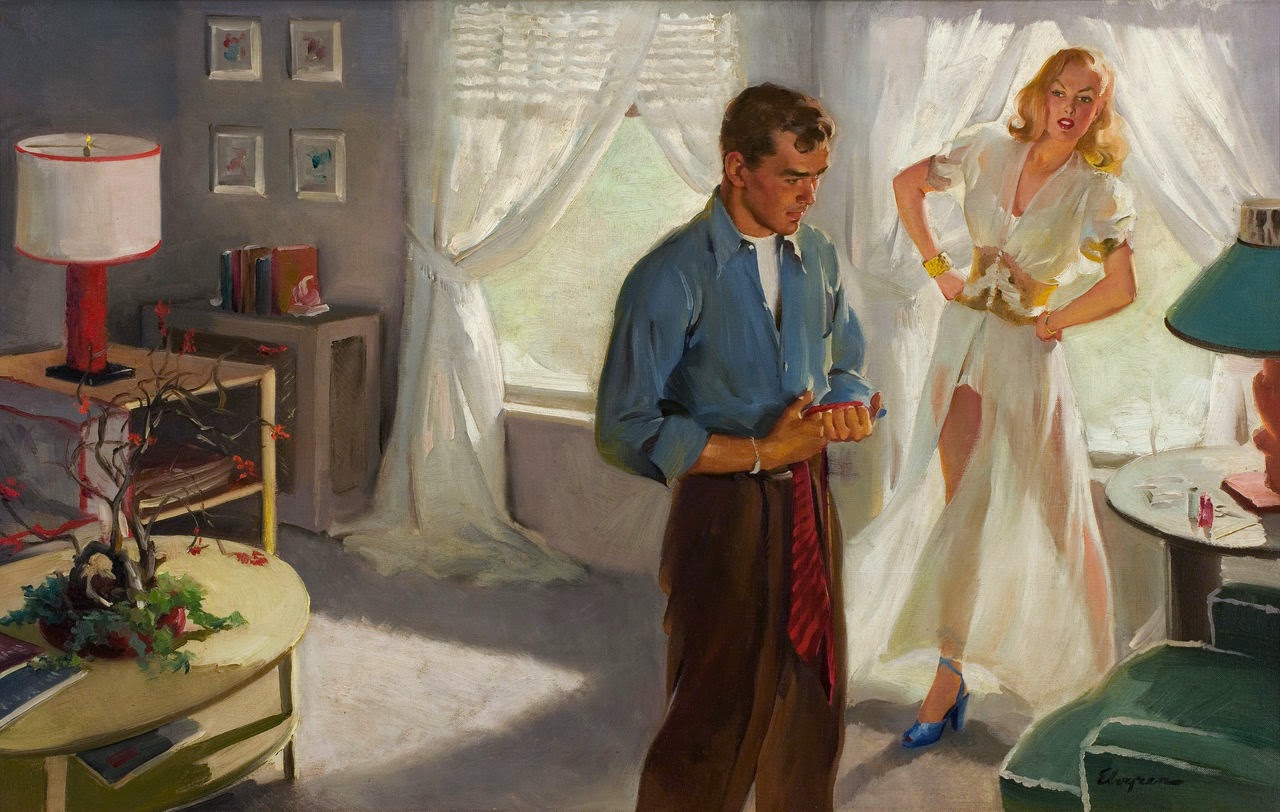 Муж рано вернулся домой. Художник Arthur Saron Sarnoff. Мужчина и женщина живопись. Супруги живопись. Живопись в стиле ретро.