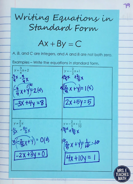 Writing Equations of Lines in Standard Form Interactive Notebook Page