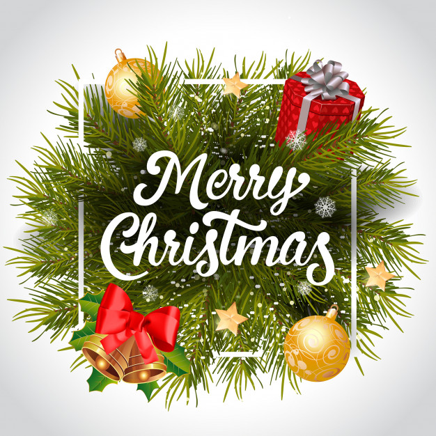Merry Christmas lettering with wreath in frame Free Vector
