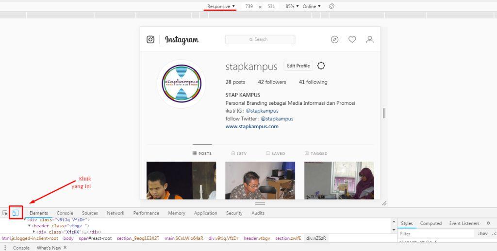 Stap Kampus Cara Mudah Upload Foto Ke Instagram Menggunakan Laptop Atau PC Tanpa Harus Instal Aplikasi tampilan inspect dibawah
