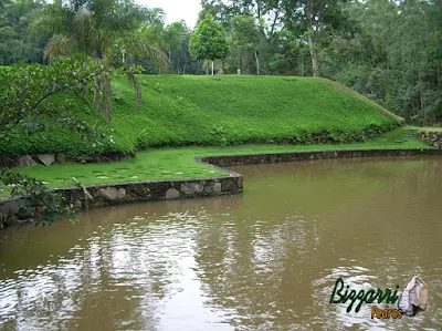 Construção de lago com pedra moledo e os caminhos de pedra São Tomé com execução do paisagismo e o talude com grama amendoim em sítio em Nazaré Paulista-SP.