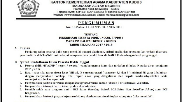 Penerimaan Peserta Didik Baru Unggul Ppdbu Man 2 Kudus Tp 2017 2018 Matsan Saga
