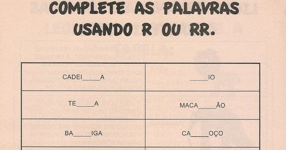 Roube sua atividade aqui!: Complete as Palavras usando R ou RR