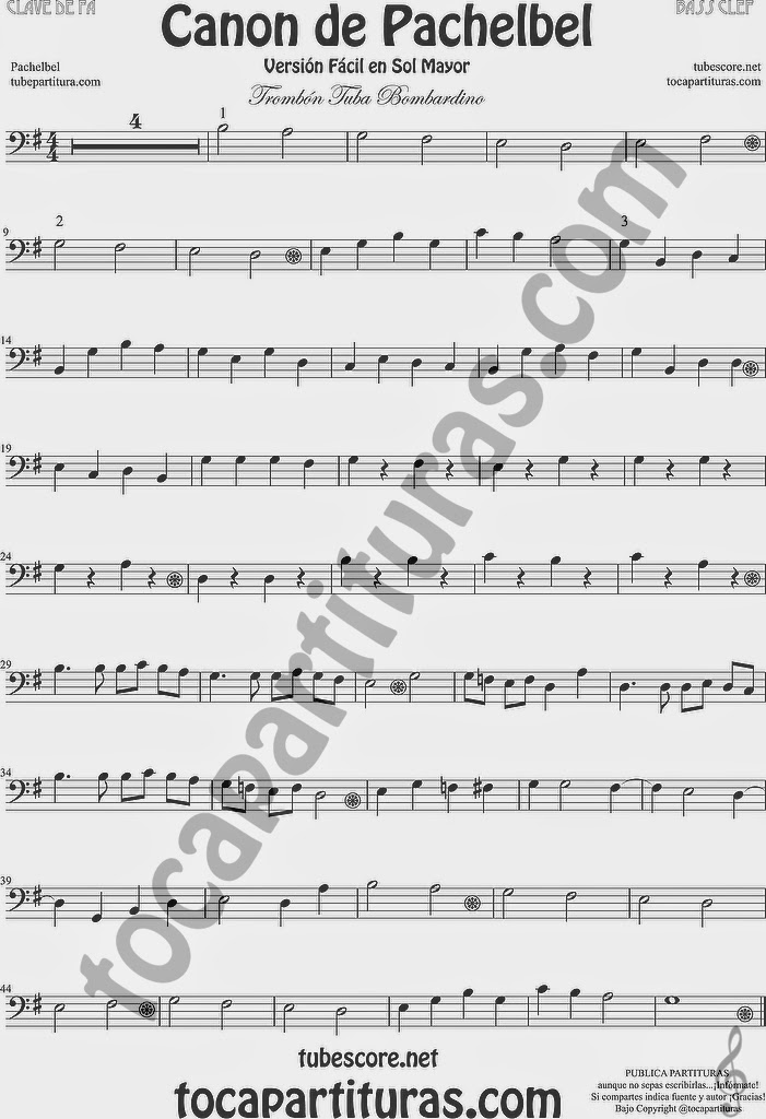  Partitura de Canon de Pachelbel para Trombón Tuba y Bombardino Clave de Fa Partituras de Música Clásica Trombone Tube Euphonium Sheet Music Canon by Pachelbel Bass Clef
