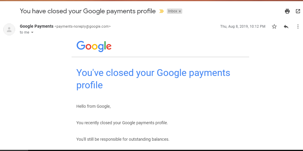 You've closed your Google payments profile