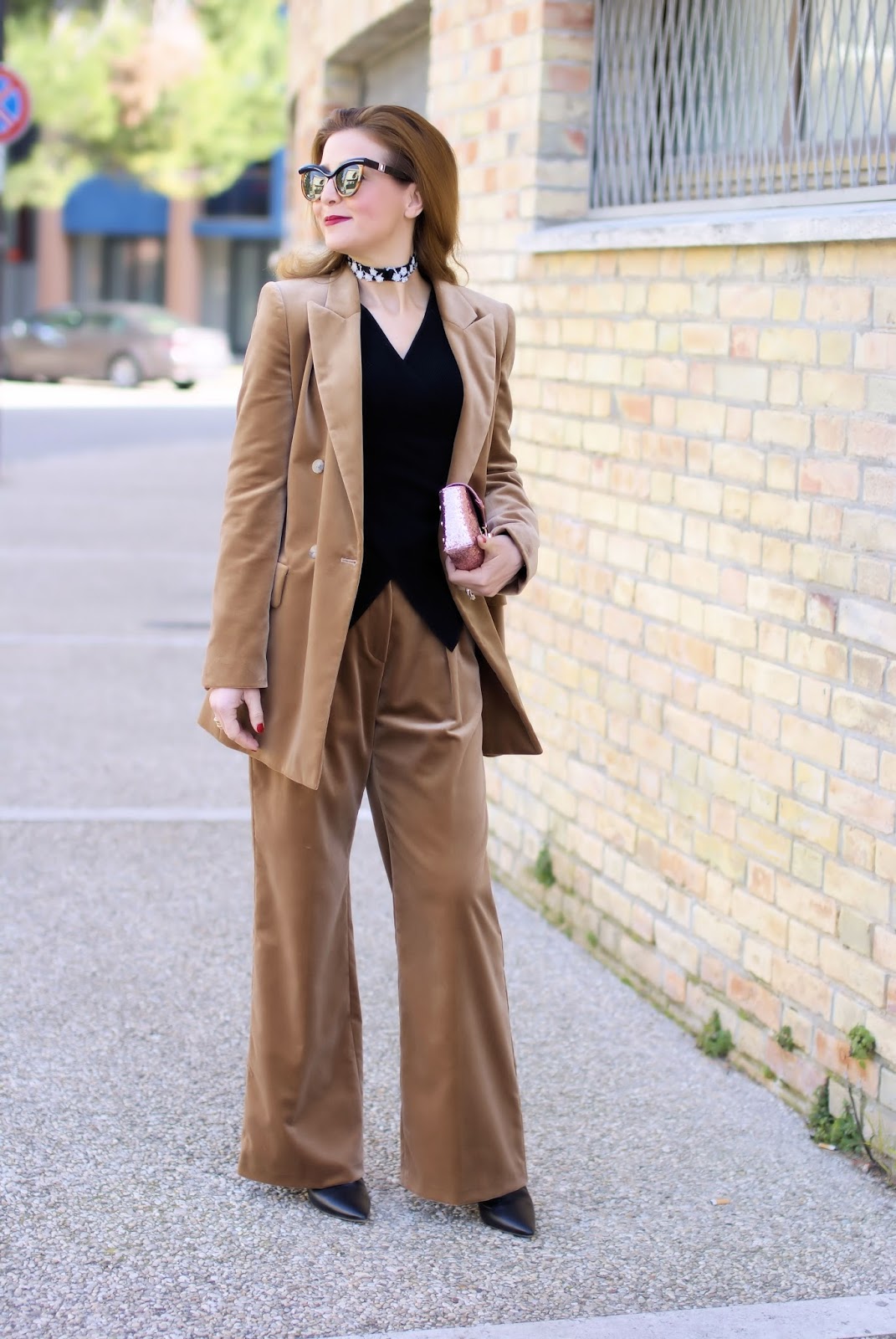 Max Mara velvet suit and RYinNYC lace choker on Fashion and Cookies fashion blog, fashion blogger style