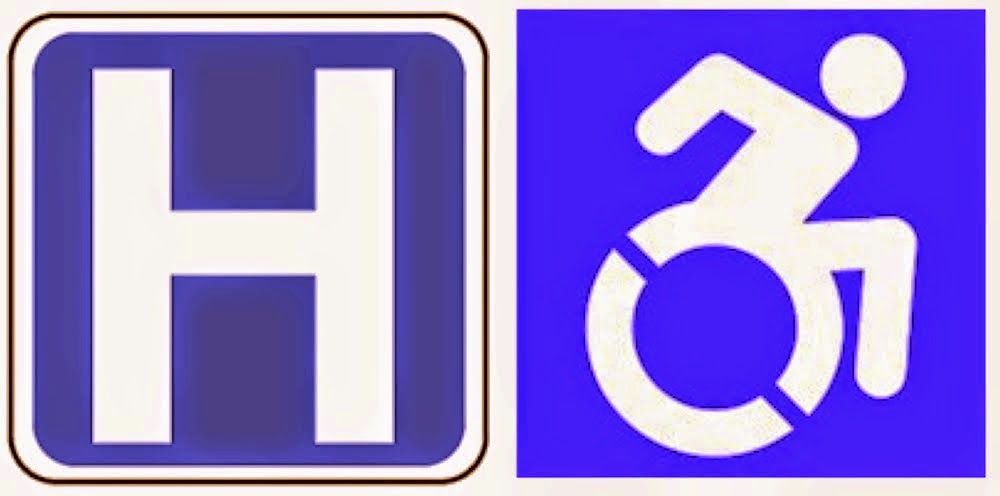 Large "H" hospital icon on the left, active wheelchair icon on the right