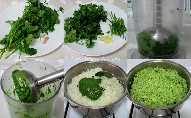 Preparación arroz verde con cilantro