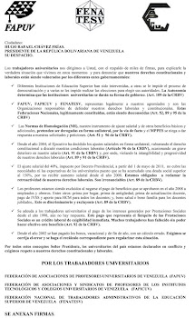 Carta de Fapuv al Presidente Chávez