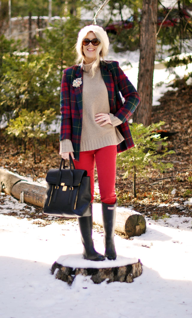 plaid jacket, red pants, hunter boots
