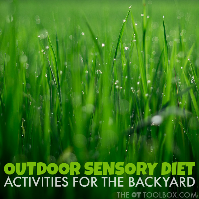 These outdoor sensory diet activities are good sensory experiences to meet the needs of children with sensory processing needs or those who struggle with sensory related behaviors, perfect for a home exercise program or occupational therapy activities. These outdoor sensory diet activities are good sensory experiences to meet the needs of children with sensory processing needs or those who struggle with sensory related behaviors, perfect for a home exercise program or occupational therapy activities.