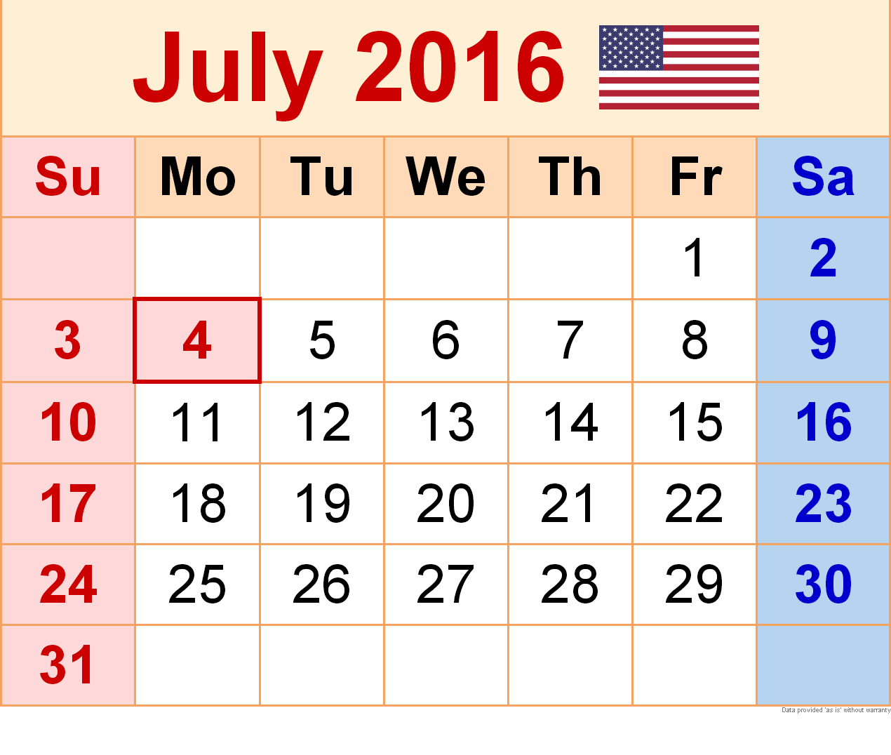 July 2016 Calendar with Holidays[USA, UK, Canada]
