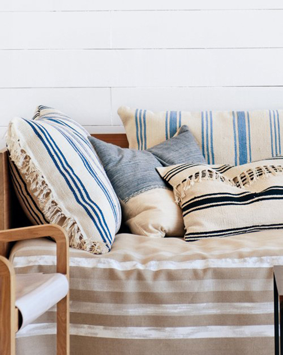 The necessary nautical stripes in blues, black and beiges on thick woven textiles.