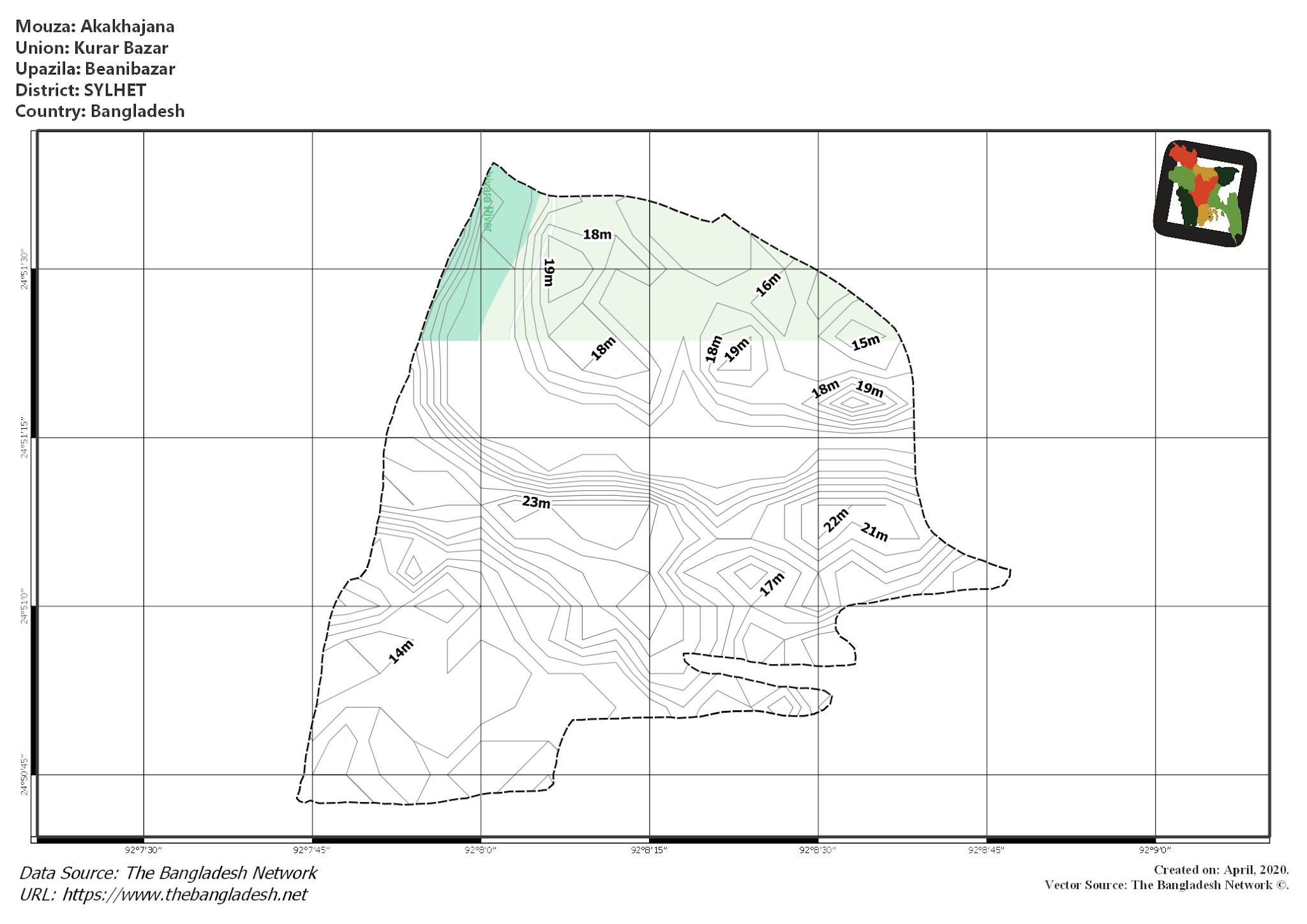 Map of Akakhajana Mouza of Beanibazar Upazila, SYLHET, Bangladesh.