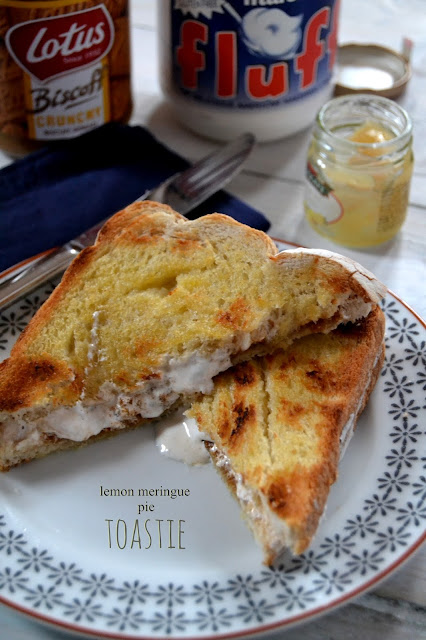 toastie that tastes like lemon meringue pie filled with biscuit spread, lemon curd and marshmallow creme