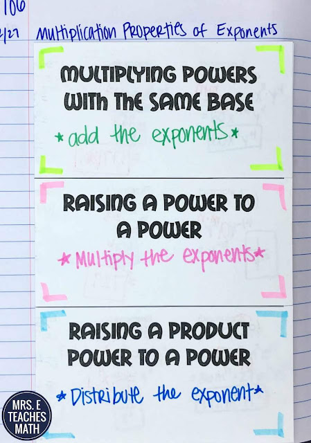 When I teach laws of exponents in algebra, I love using activities and interactive notebook foldables. There are ideas for introducing properties and rules of exponents, the dreaded negative exponents, and multiplying and dividing exponents. Use an activity after the notes, before giving a worksheet for homework. #mrseteachesmath #exponents