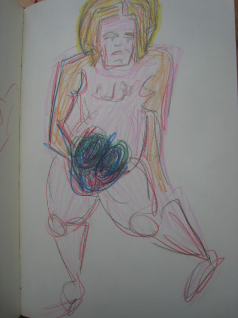 Hombre de grandes pelotas dibujado con lápices de colores