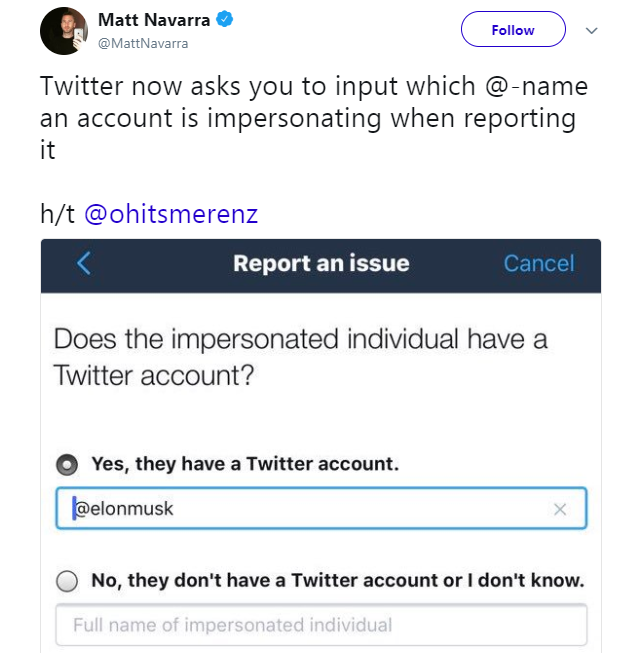Twitter now asks you to input which Twitter handle is impersonating when reporting it