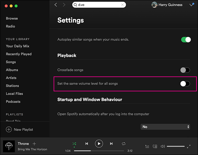 Disattivare l'impostazione Spotify dello stesso livello di volume della musica