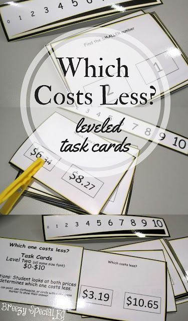 Task cards and strategies for teaching this important money concept: Which costs less? Perfect for special education