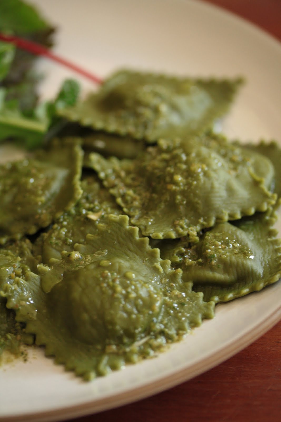 From the Kitchen of Olivia Matcha Ravioli filled with Spring Pea Garlic Scape Pesto and Italian